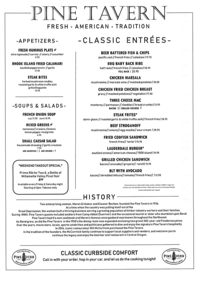 Menu - Pine Tavern Restaurant & Bar